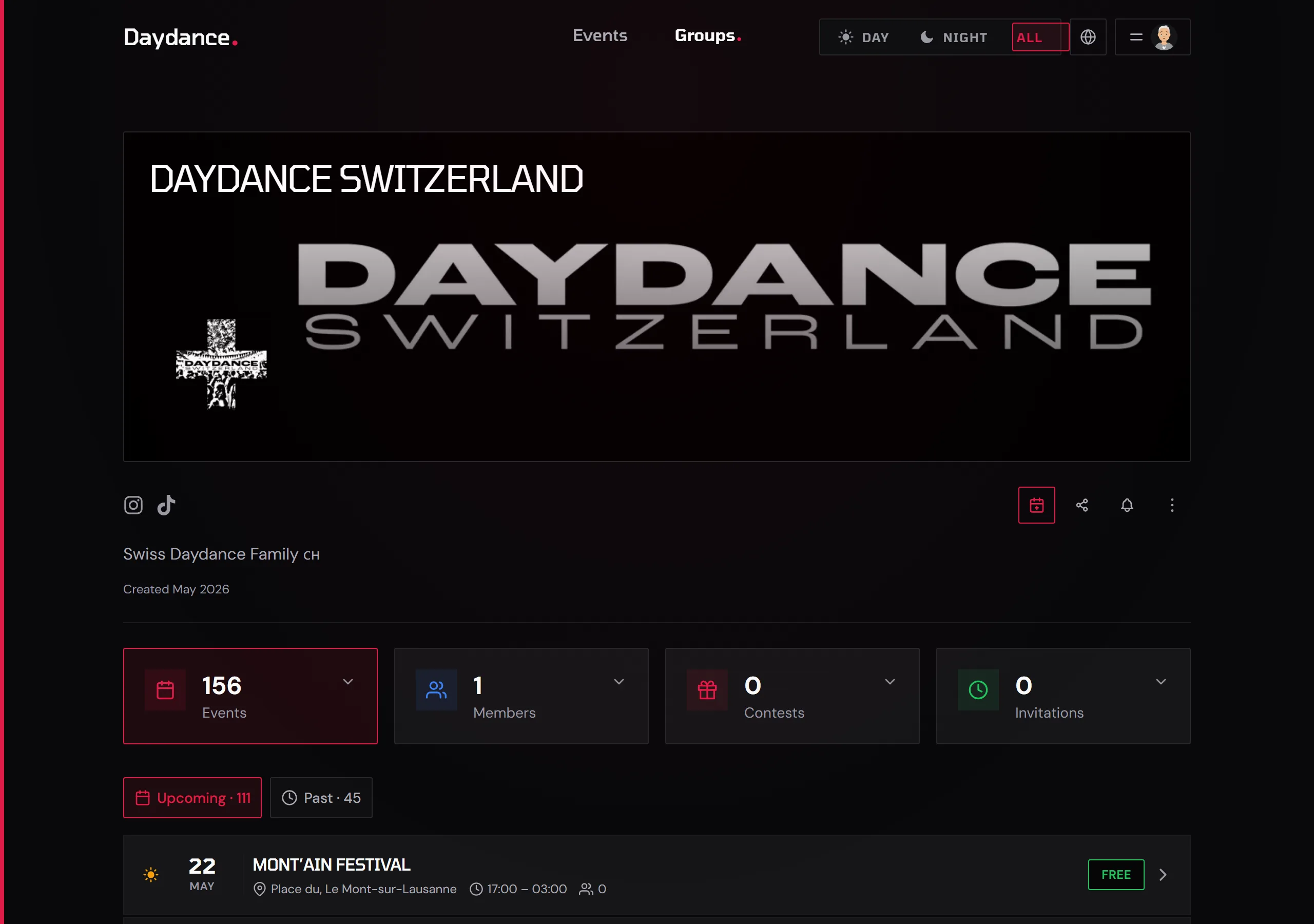 Group detail page showing branding and event list
