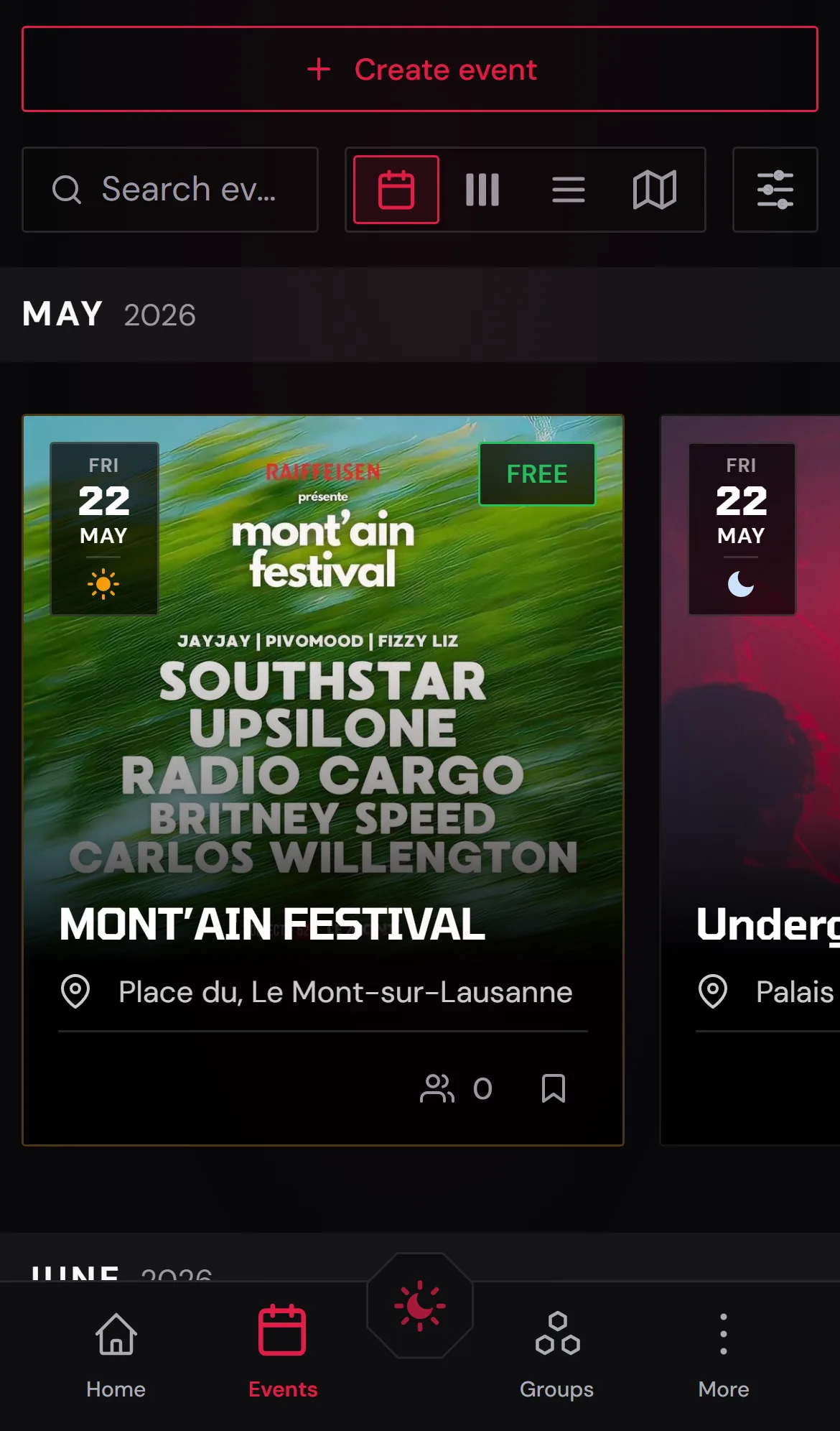 Mobile events view with registration and countdown