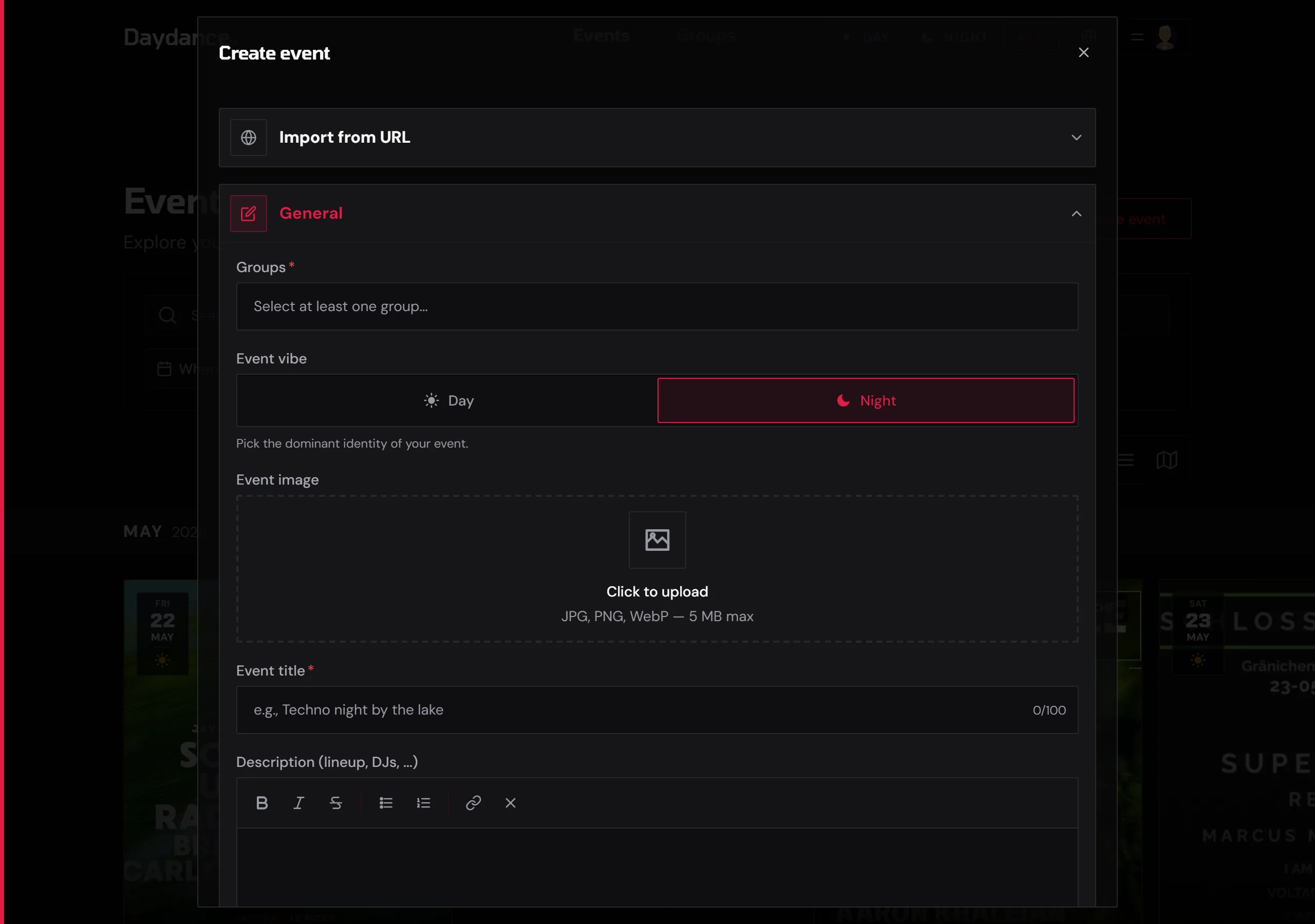 Event creation form with URL import