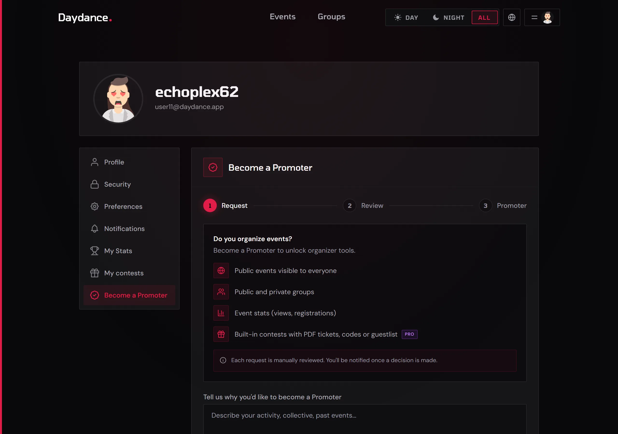 Verification request form in profile settings