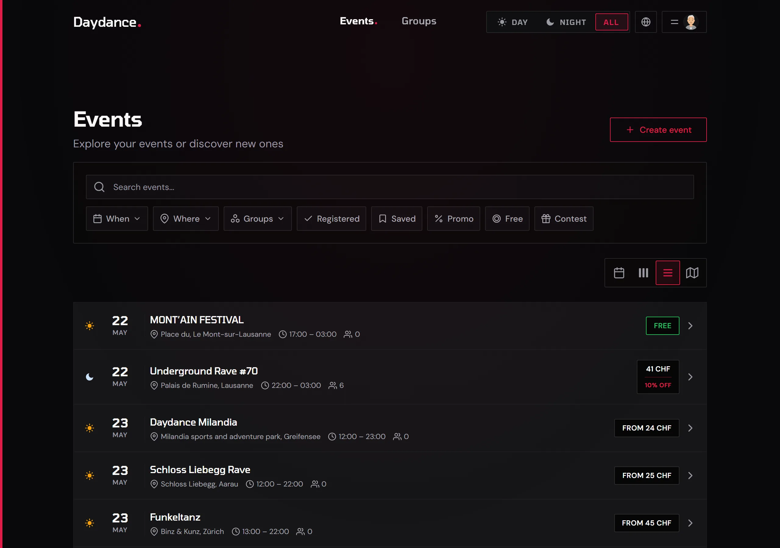 Compact list view with all event details